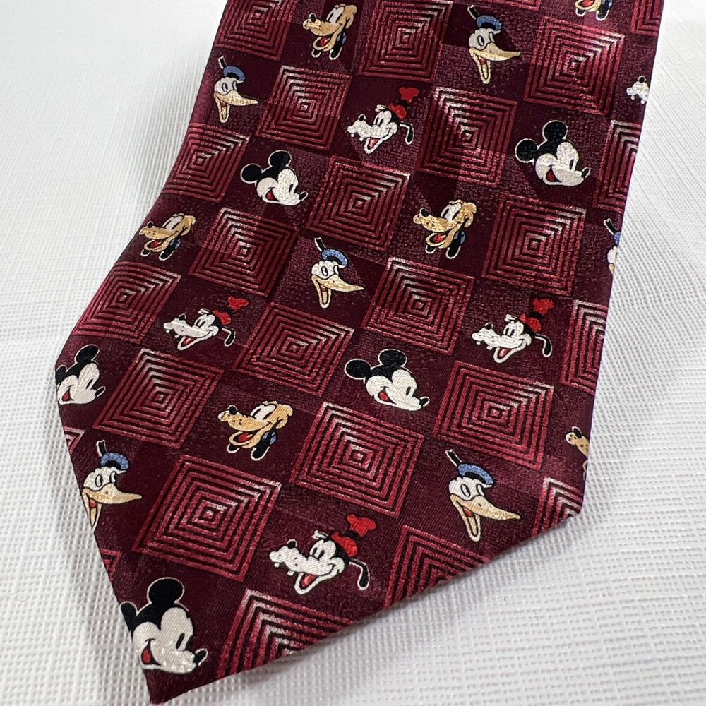Disney Necktie Tie - 100% Silk - Burgundy - 59 in - Mickey Donald Pluto Goofy